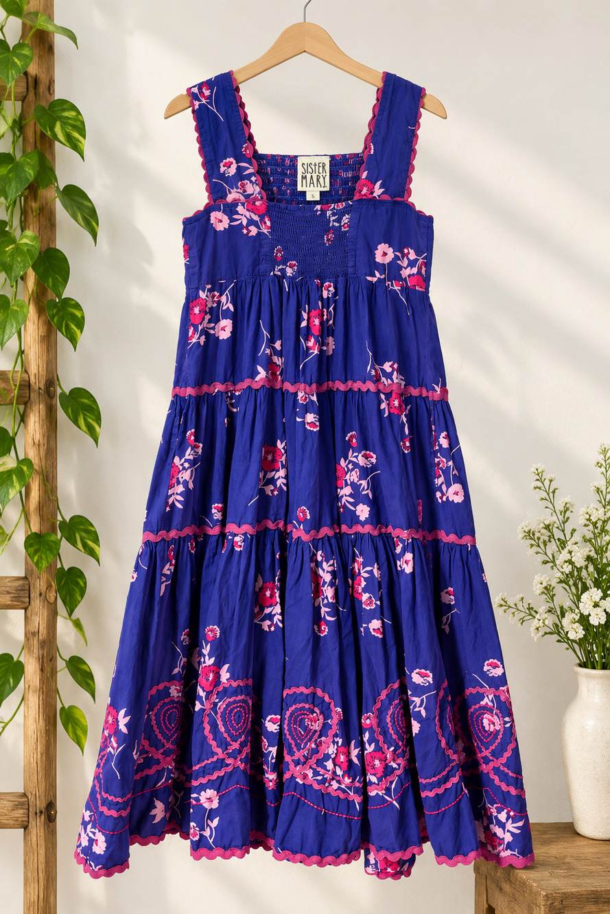 Sister Mary Size S Blue Pink Floral Tiered Maxi Dress Smocked Ric Rac Preloved